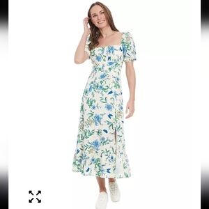 London Times Linen Blend Floral-Print Puff-Sleeve Midi Dress Sz 12 Smocked Back